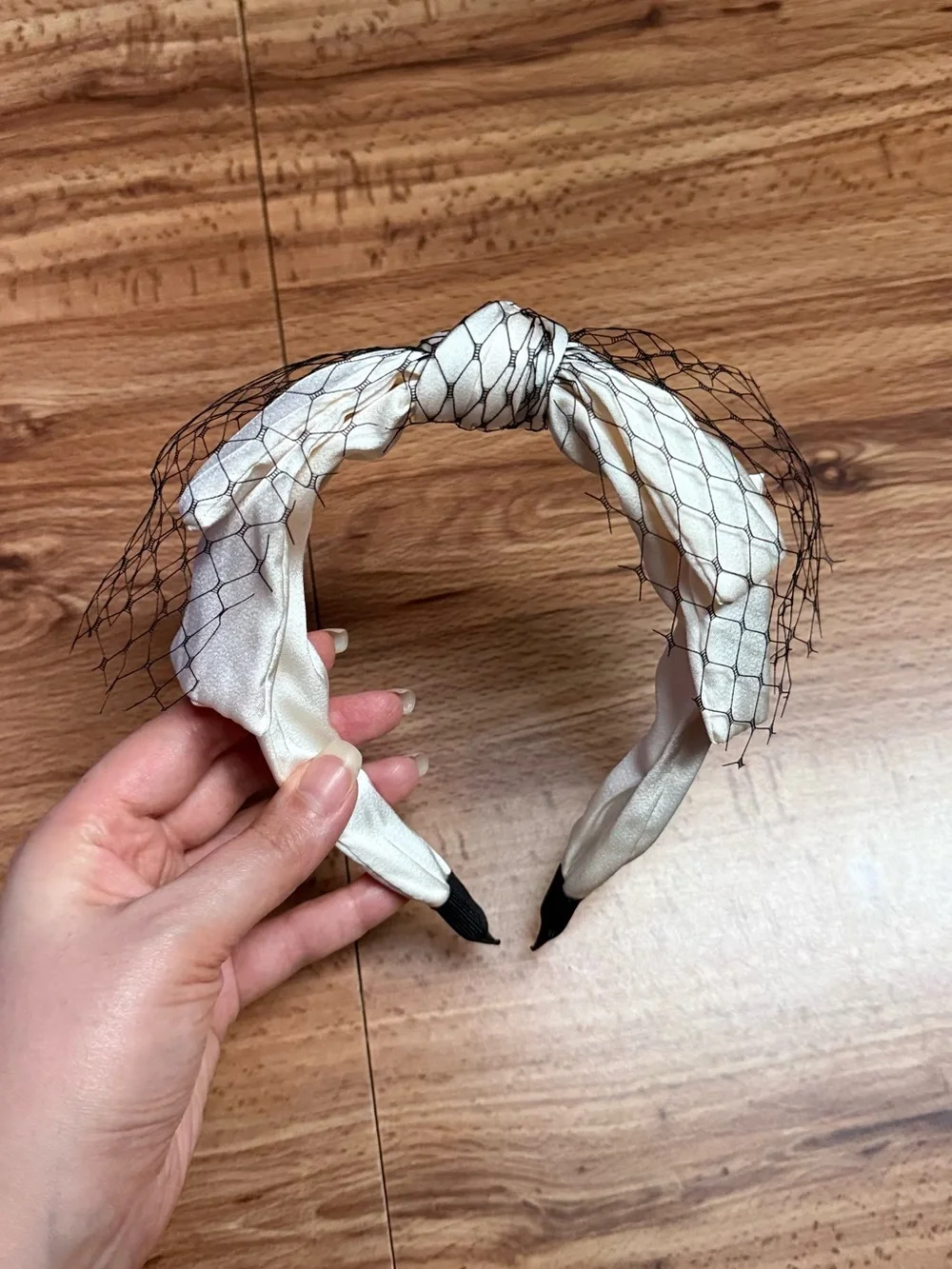 Ivory Knot Headband with Black Veil Accent